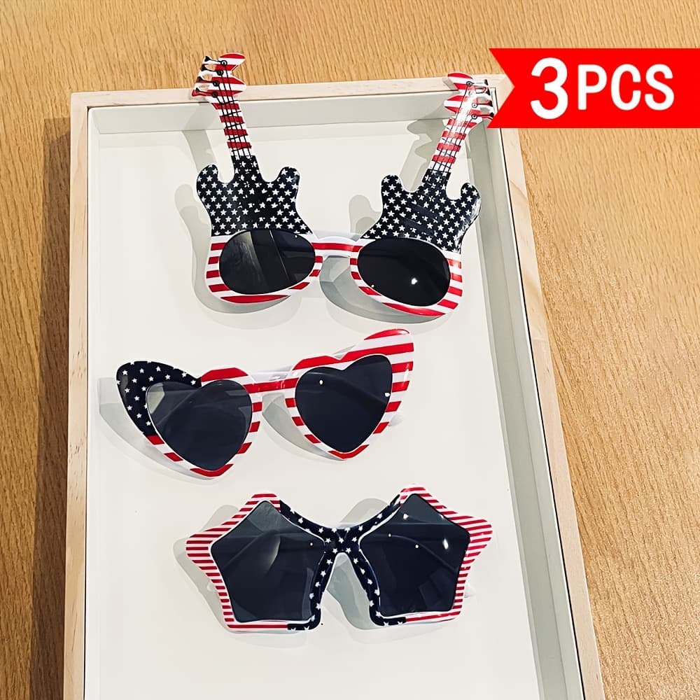 American Star-Spangled Heart Sunglasses 3-Piece Set, Patriotic Independence Day Party Decorative Heart-Shaped Sunnies