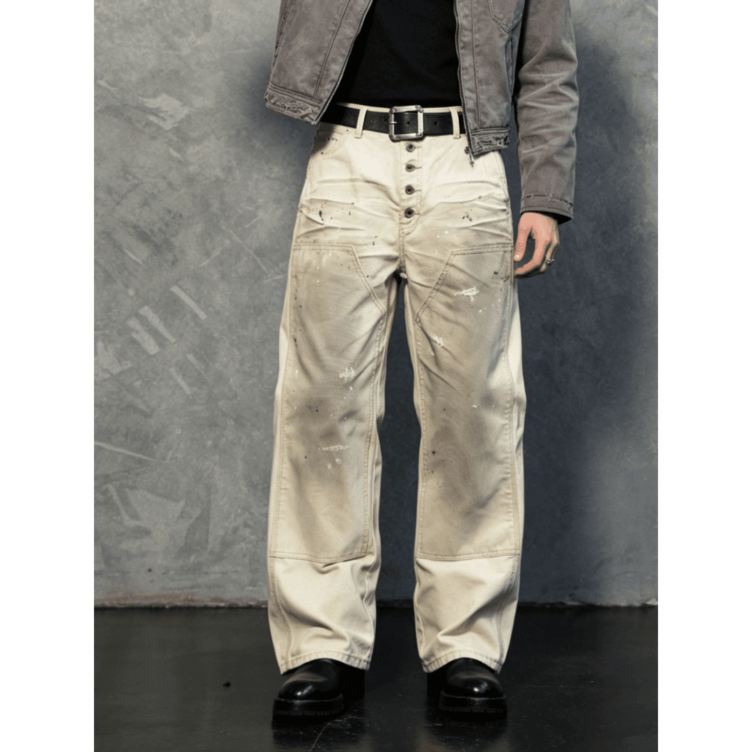 Big And Tall Baggy Jeans Men Vintage Cream Wide Leg Workwear Plus Size Denim Pants US Stock