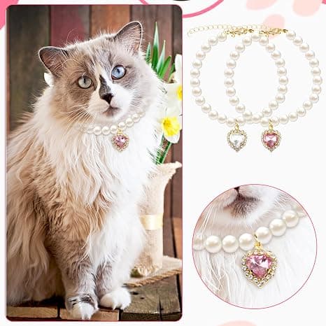 2-Piece Adjustable Pearl Pet Collars With Heart-Shaped Rhinestones, Pink And White