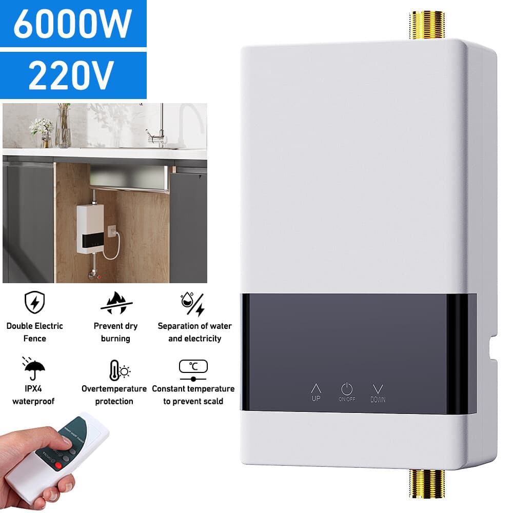 6000W Electric Tankless Instant Hot Water Heater Under Sink Tap Bathroom Remote