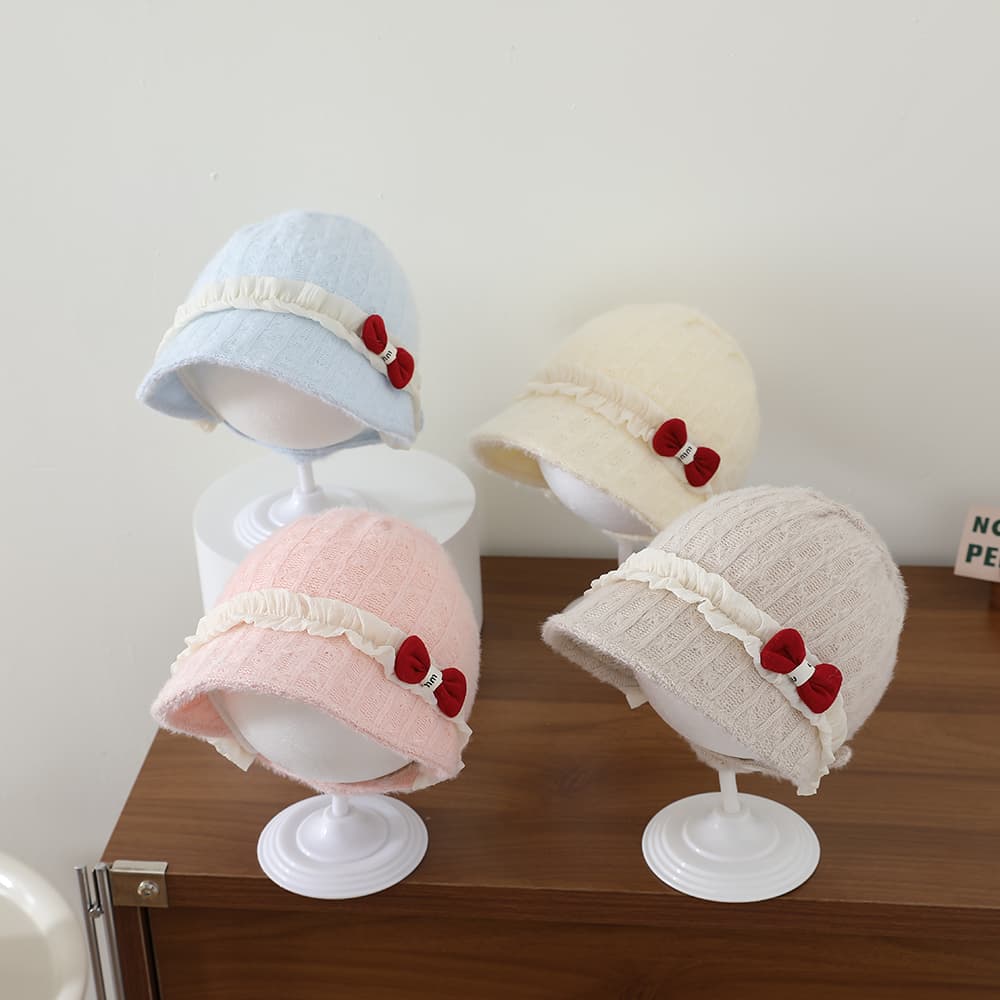 Sweet Style Children's Plush Beanie With Soft Wooden Earflaps And Pleated Edges, Red Bow Knitted Hat, Warm Fishing Hat