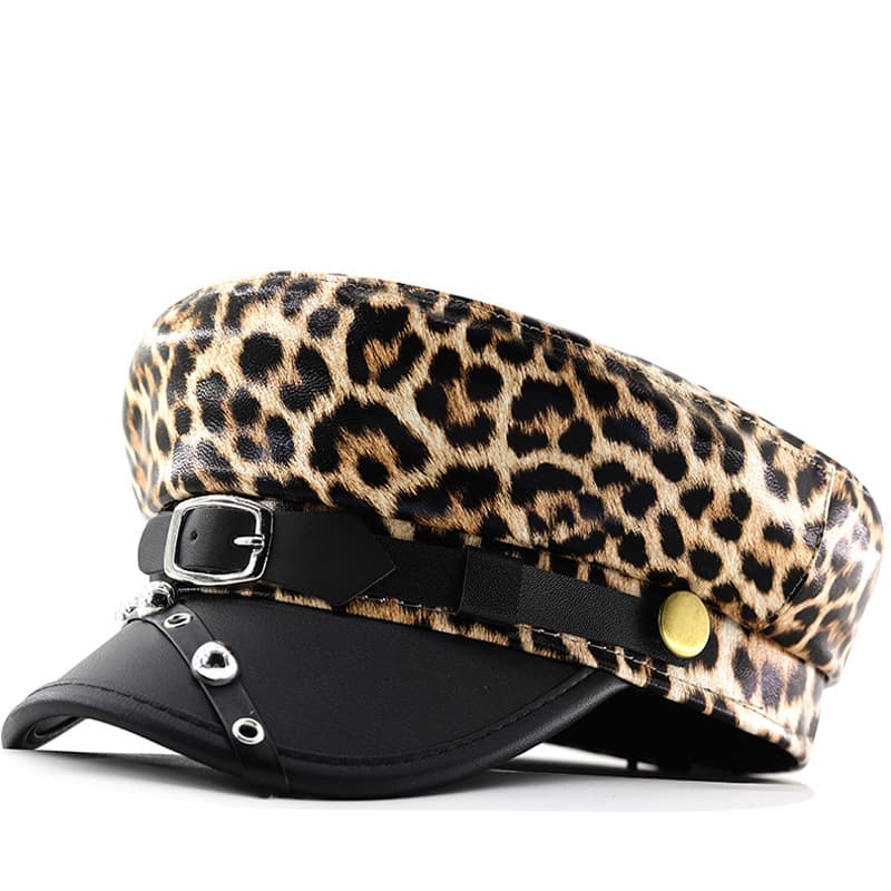 Lady Leopard-print PU Leather Bold Stud Belt Design Beret With Retro British Style Metal Fastener, Unique Edgy Girl Punk Hat, Street Style Versatile Hat