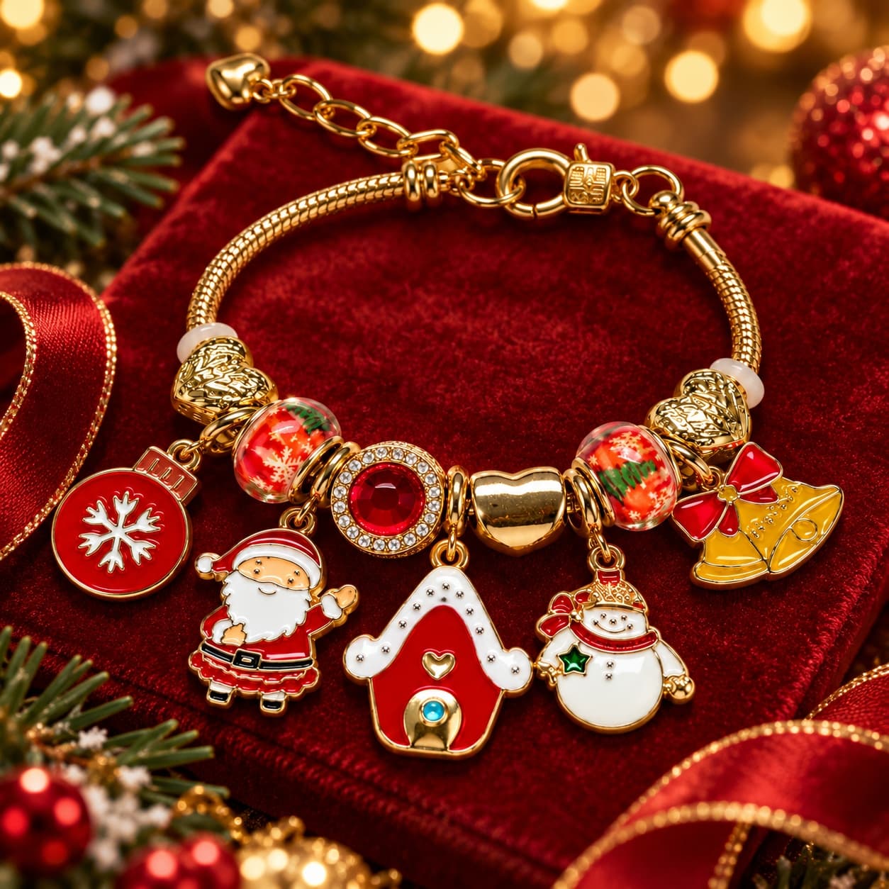 1pc Cute Christmas Santa Snowman House Charm Bracelet Gold Snake Chain Enamel Snowflake Bell Glass Beads Holiday Xmas Gift Women