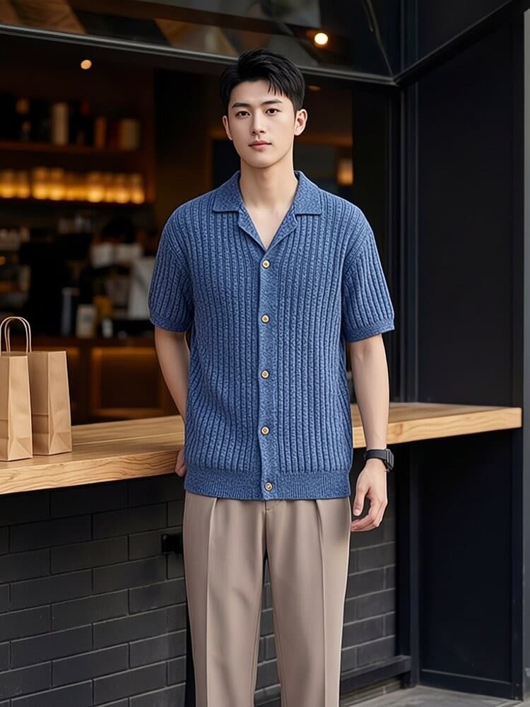 Old Money Style Men's Lapel Ice Silk POLO Knit Cardigan, Light Luxury Textured Loose Casual Men's Short-Sleeve Top