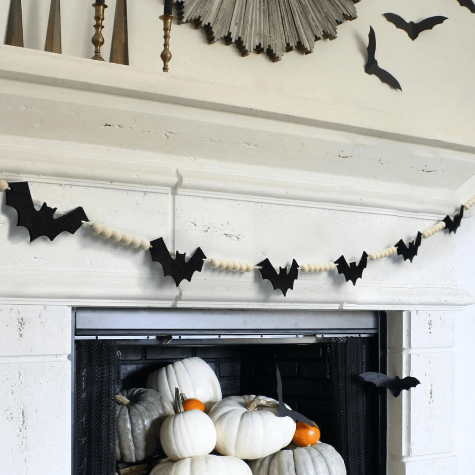 Halloween Wood & Felt Bat Garland 56 Indoor Hanging Banner Decor For Fireplace Mantel, Wall & Party