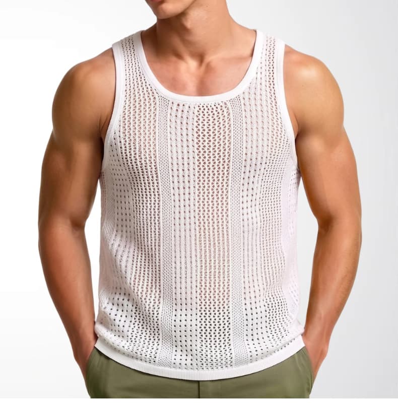 New Summer Men's Sleeveless Knit Hollow-out Deep U-Neck Casual Tank Top