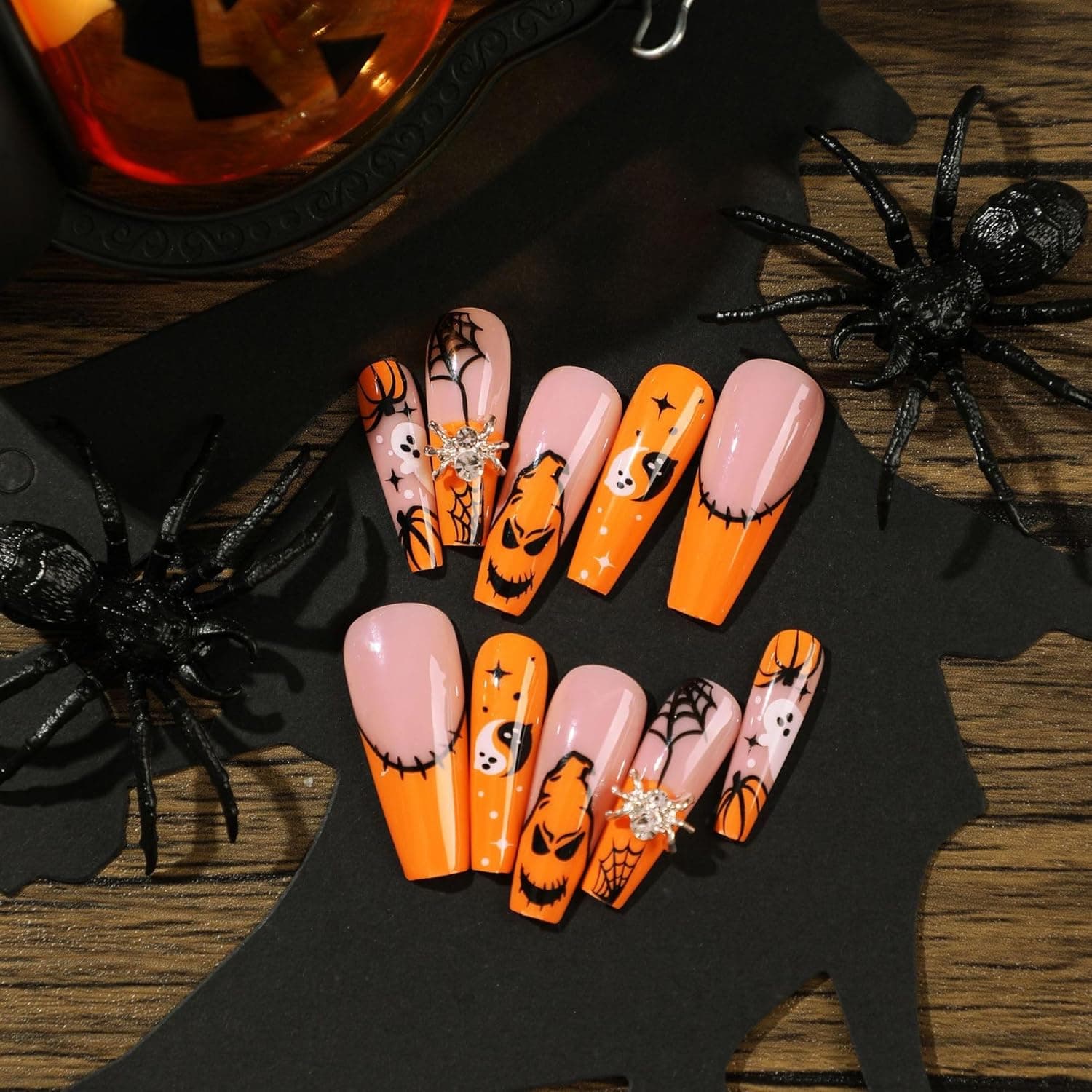 24Pcs Halloween Press On Nails, Medium Ballerina False Nails, Cute Pumpkin Ghost Spider Bat Pattern Acrylic Fake Nails, Reusable Full Cover Stick On Nails For Halloween Party Home DIY Manicure