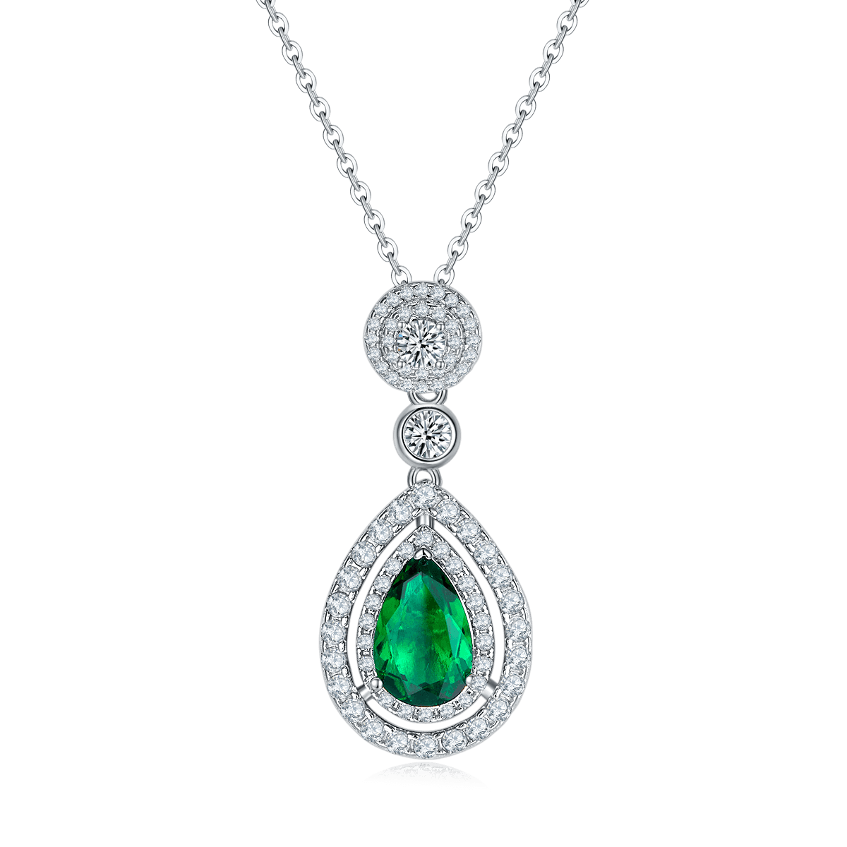 S925 Silver 4.6g Platinum Plated 3.5ct Lab-Created Emerald Necklace, 11x7mm Teardrop Halo Pendant, 40&5cm