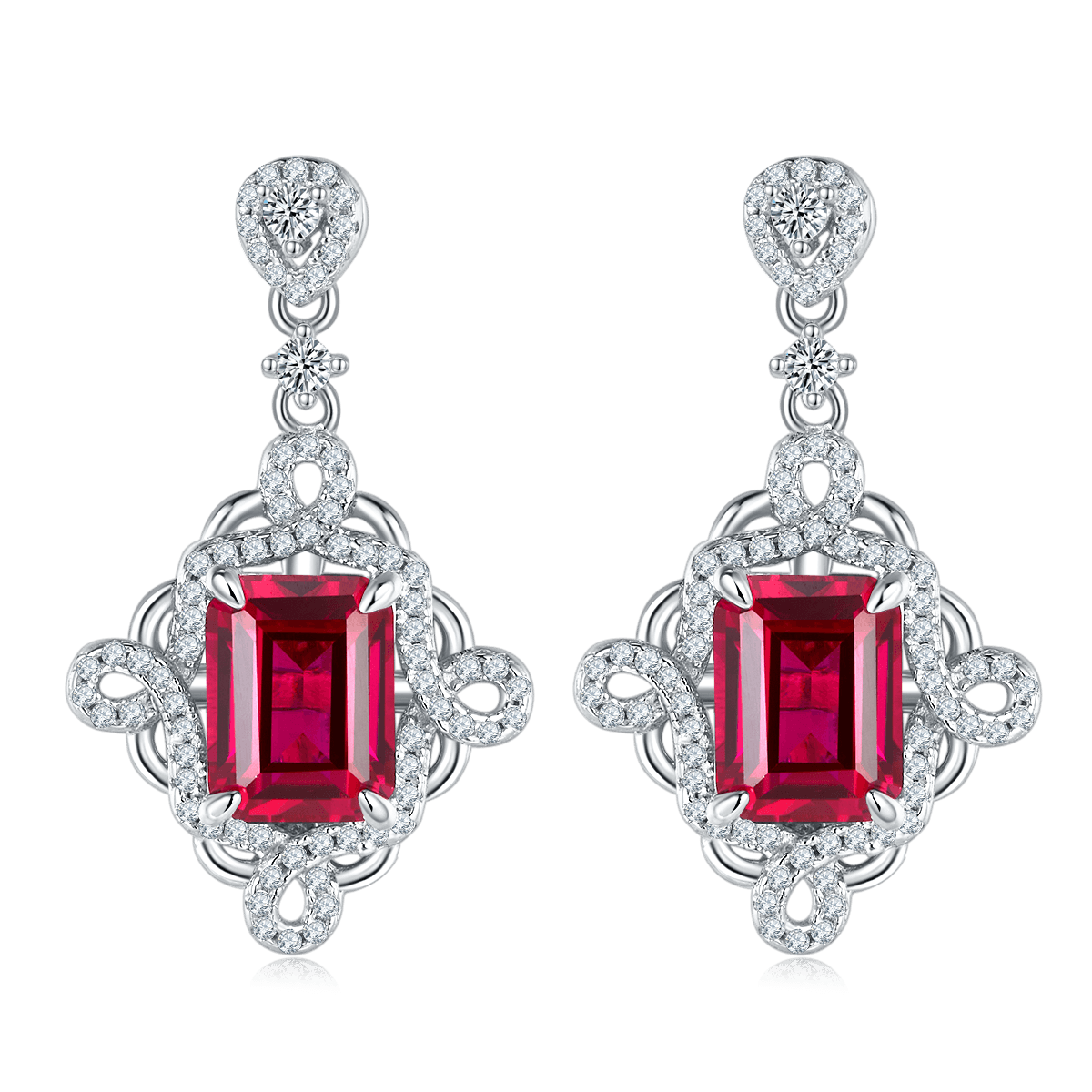 S925 Silver 4.4g Platinum Plated Lab-Created Ruby Drop Earrings, 8x6mm Emerald Cut 4ct, Pair