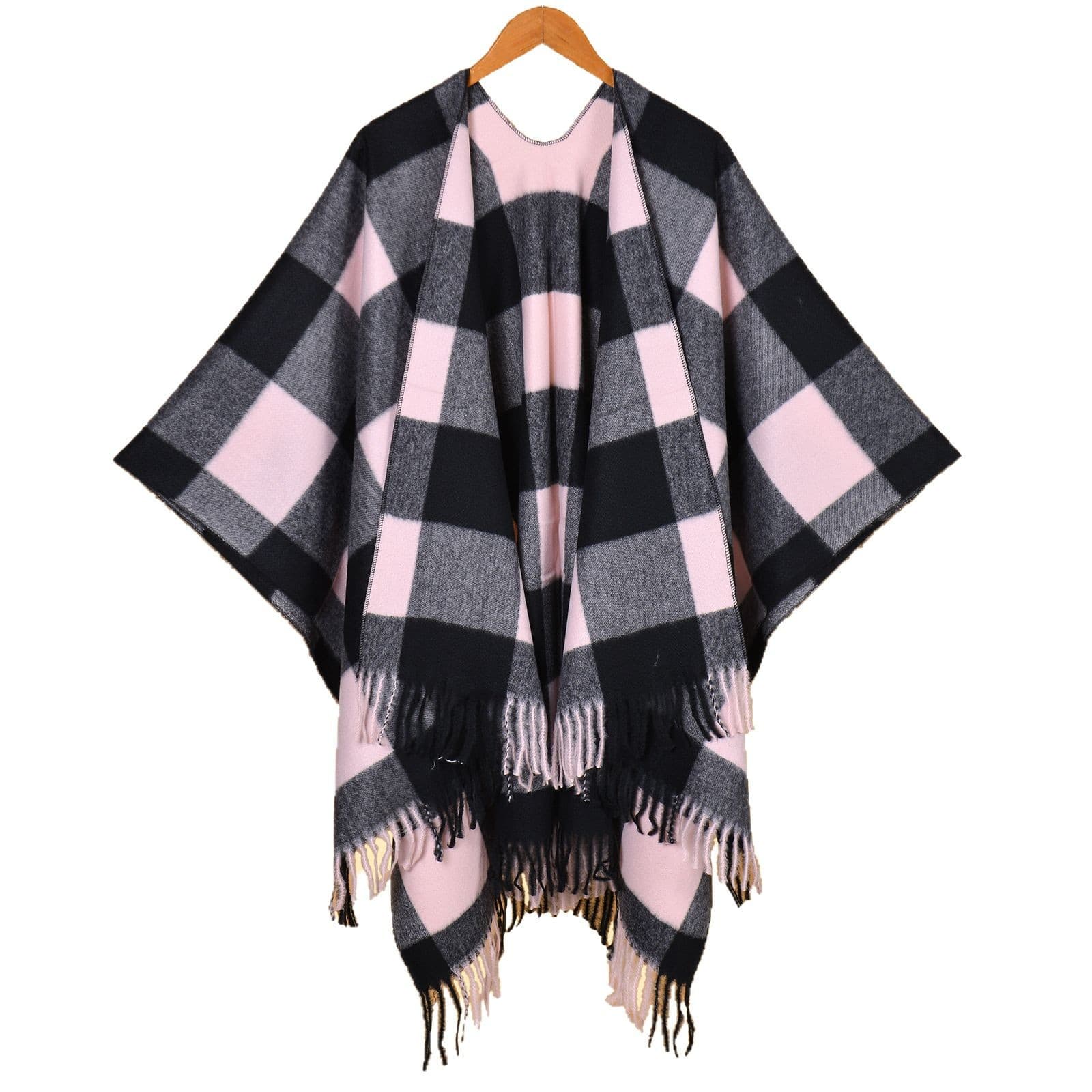 Women's Autumn Winter Jacquard Tassel Plaid Shawl Poncho, Minimalist Travel Photo Cape Outerwear
