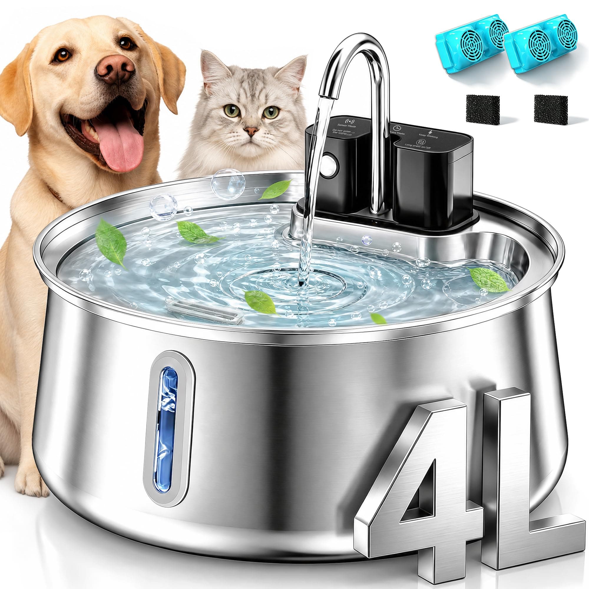 Wireless Dog Water Fountain, 4L Stainless Steel Dog Water Fountain With Visual Water Level, Super Quiet Dog Water Bowl, 5-Stage Filtration Pet Water Dispenser, Easy To Clean - 4L