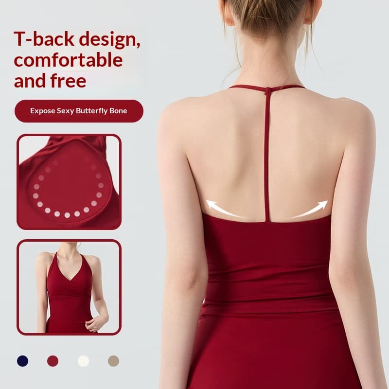 Cross V-Neck Halter Yoga Tank Top For Women With Chest Pads, T-Back Sports Bra, Pilates Training Fitness Top