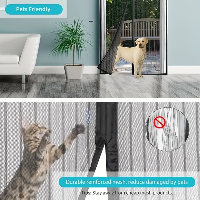 Black Magnetic Door Curtain With Storage Strap, Breathable Mosquito-proof Summer Screen Door Curtain For Home Living Room, Bedroom, And Kitchen Decoration, No-drill Installation, Hands-free, Magnetic
