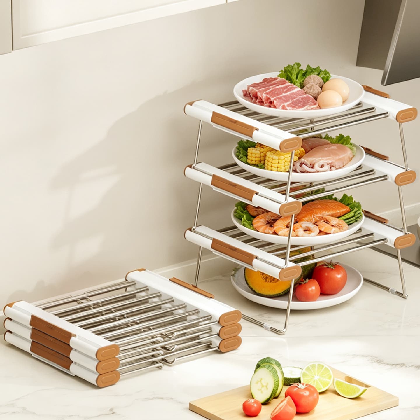 Foldable & Extendable Kitchen Prep Rack, Stainless Steel Multi-Layer Plate Rack, Zero-Assembly Stackable Countertop Storage For Meal Prep & Hot Pot