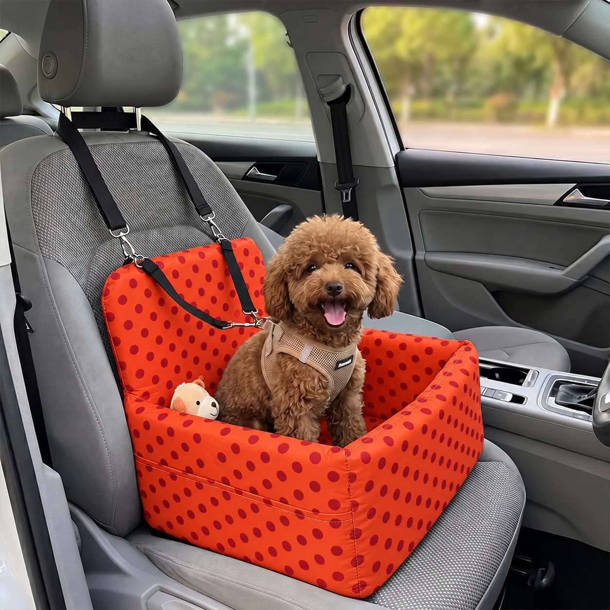 1pc Polka Dot Pet Car Seat Waterproof Dog Booster Basket With Double Safety Leash Pocket Removable Cushion For Small Dogs Cats