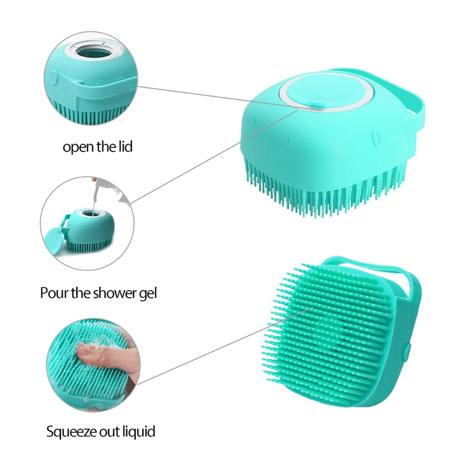 Pet Grooming Bath Massage Brush With Soap And Shampoo Dispenser Soft Silicone Bristle For Long Short Haired Dogs Cats Shower