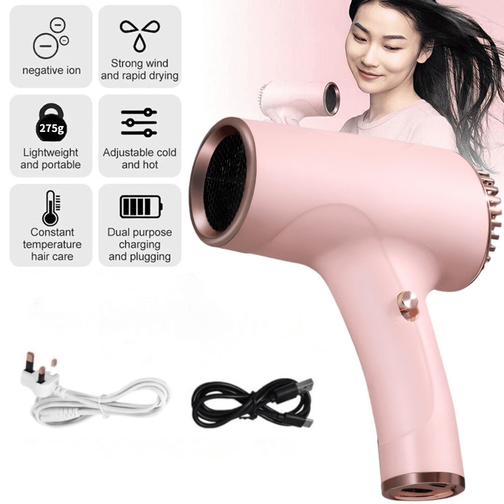 USB Cordless Hair Dryer Portable Rechargeable Hair Styling Blower With UK Plug