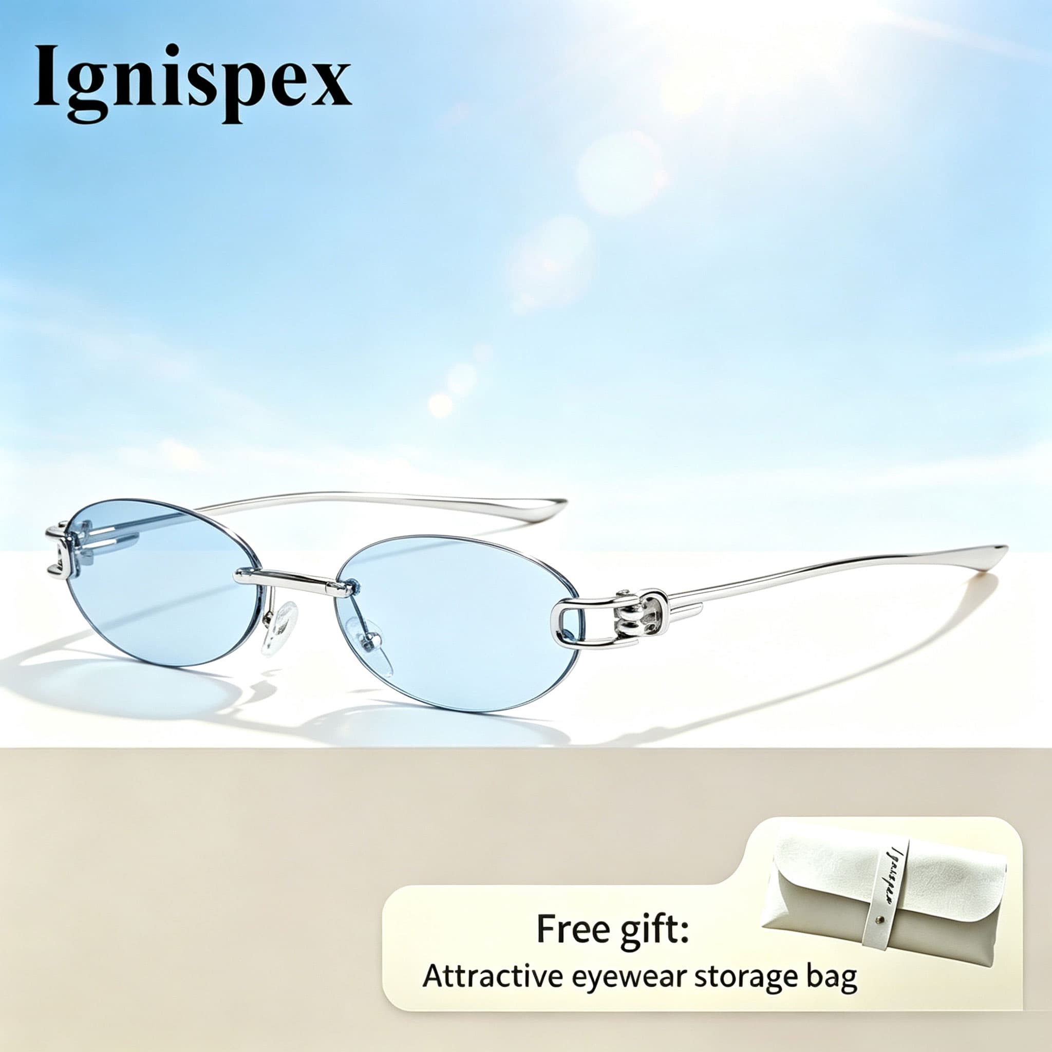 Rimless Oval Women Sunglasses, Light Blue Tint Lens, Slim Silver Temple, Comes With Free Storage Bag.