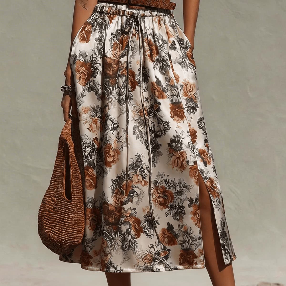 Women Floral Print Drawstring Waist Midi Skirt Casual Loose Woven Skirt