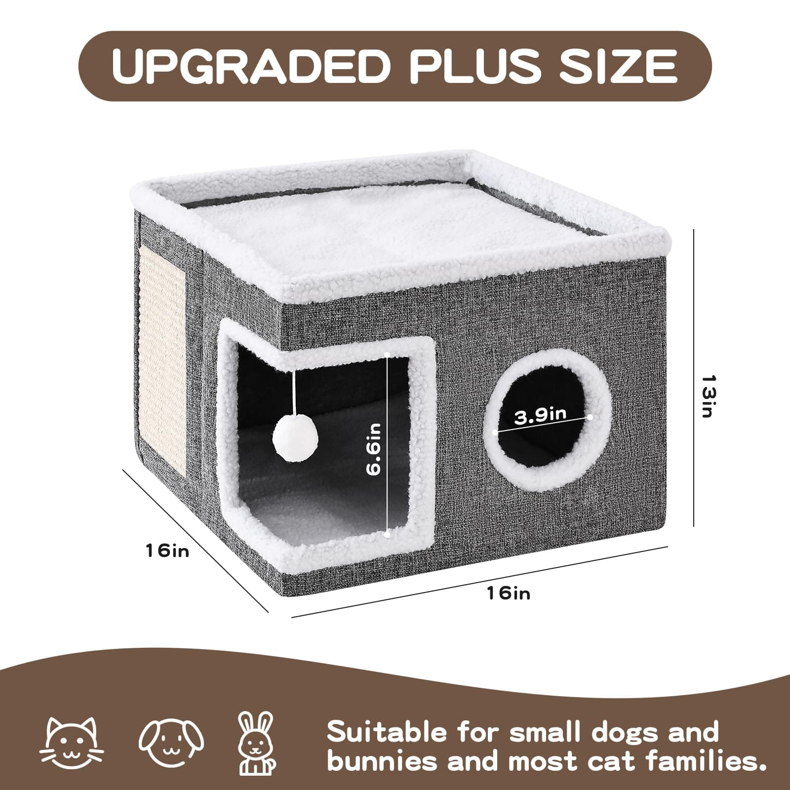 Cat Beds For Indoor Cats, Large Cat Cave With Fluffy Ball And Scratch Pad, Foldable Cat Scratch House With Hideaway Condo For Kitten