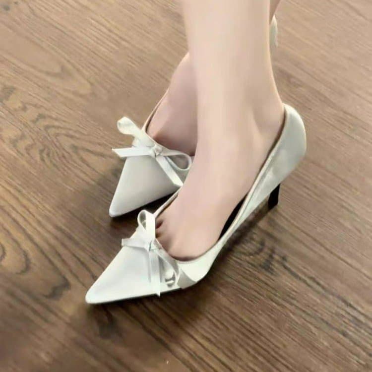 Women Pointed Toe Stiletto Heel Satin Pumps Bow Decor Elegant Wedding Dress High Heels