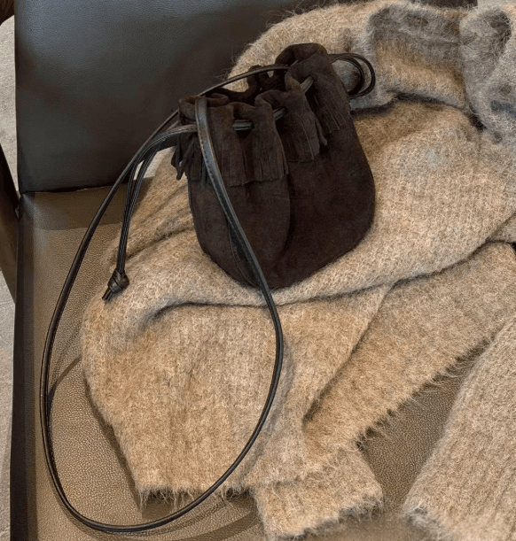 Tassel Bucket Bag, Genuine Leather Single Shoulder Diagonal Cross Bag, 2026 New Drawstring Armpit Bag, High-end Women's Commuting Small Bag - Coffee Color
