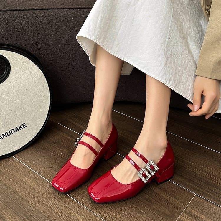 Women Square Toe Patent Mary Jane Flats Double Strap Rhinestone Buckle Dress Shoes