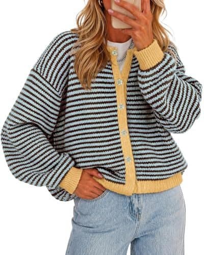 Hot Selling Women's Fall Winter Casual Striped Button Cardigan Knit Sweater Top