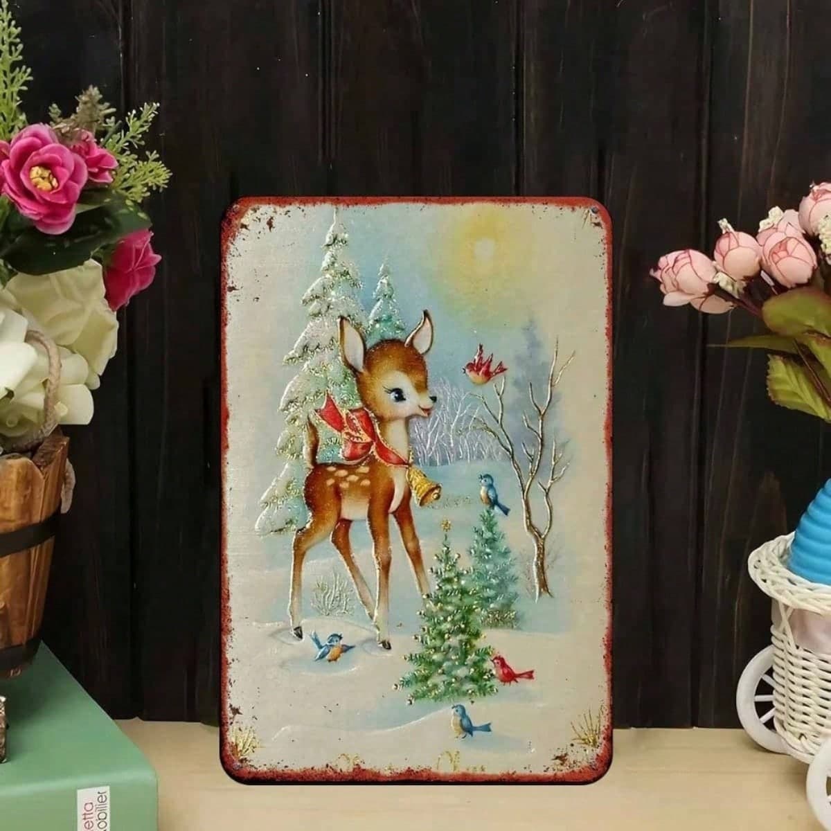 Rustic Iron Metal Wall Sign, Winter Reindeer Snowy Woods Christmas Wall Art