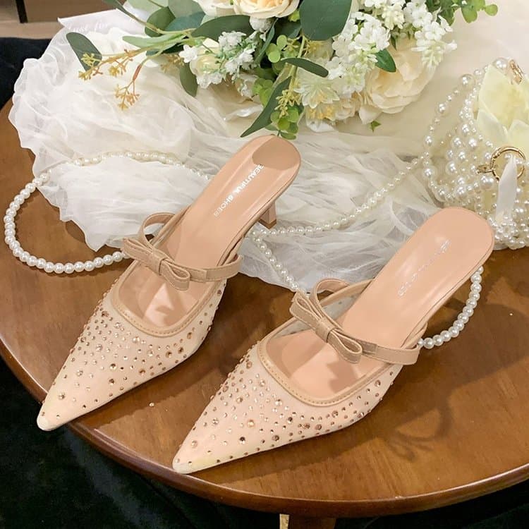 Women Pointed Toe Rhinestone Mules Kitten Heel Bow Slip On Sandals
