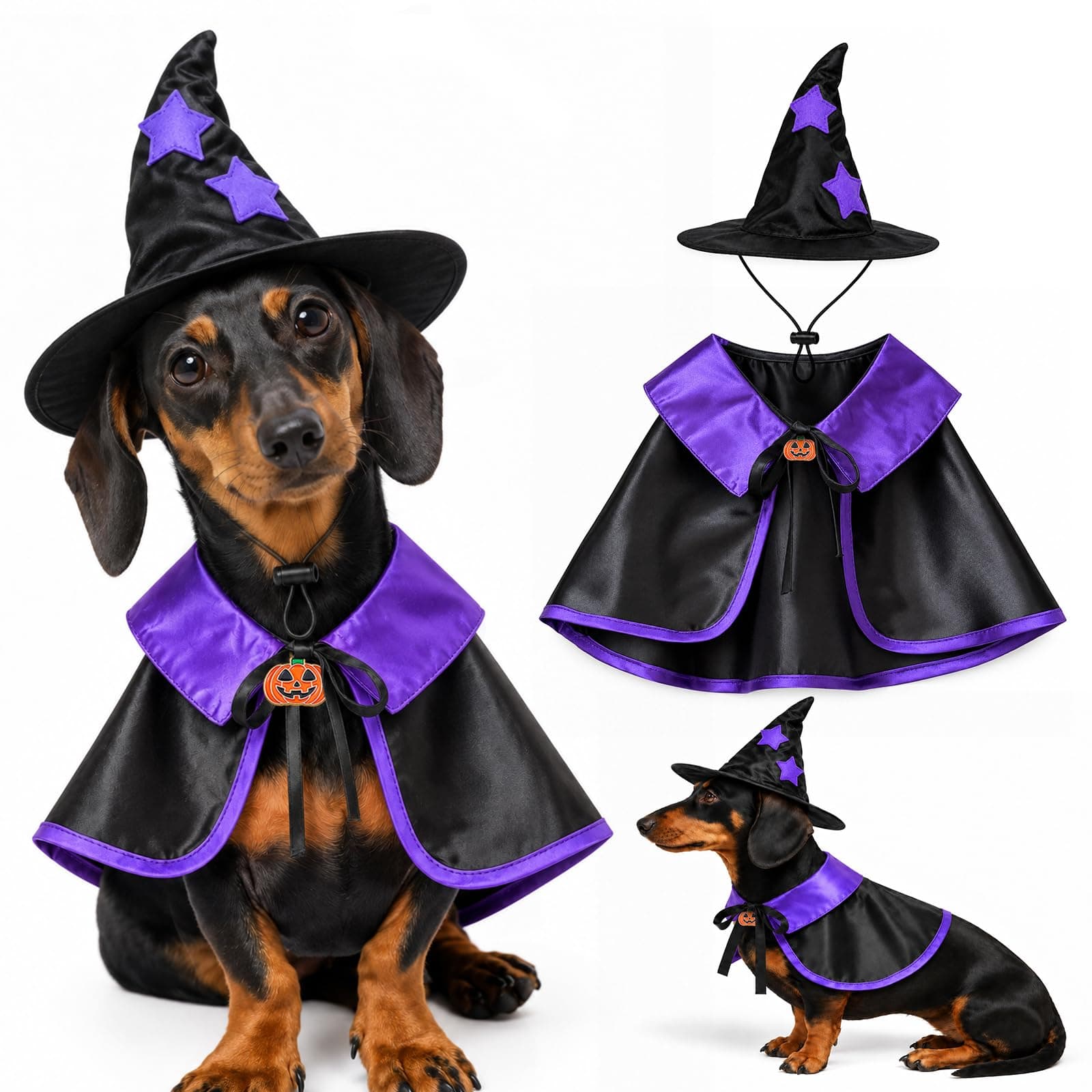 Dog Witch Halloween Costume,  Dog Halloween Costumes, Witch Dog Costume Wizard Hat And Cape, Adjustable Neck Tie And Elastic Hat Strap For Small Dogs, Puppy And Cat
