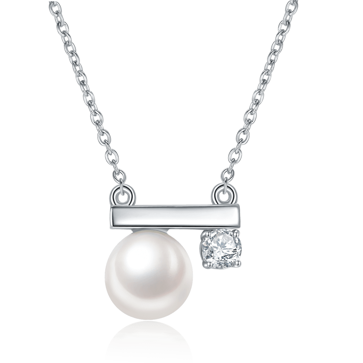S925 Sterling Silver Natural Freshwater Pearl Necklace Asymmetrical Balance Bar Design Platinum Plated 2g Gift Box