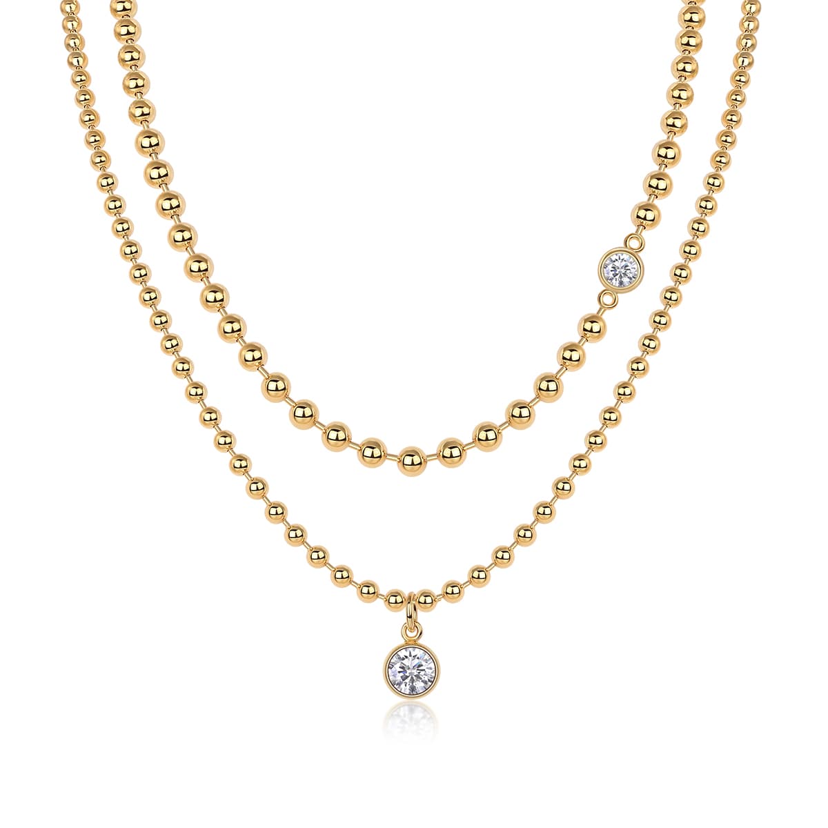 S925 Sterling Silver 1ct D Color VVS1 Moissanite Double Layer Beaded Necklace 40cm 23.3g Gold Plated GRA Certified Gift Box