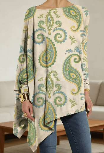 Paisley Print Long Sleeve Asymmetric Hem Loose Top