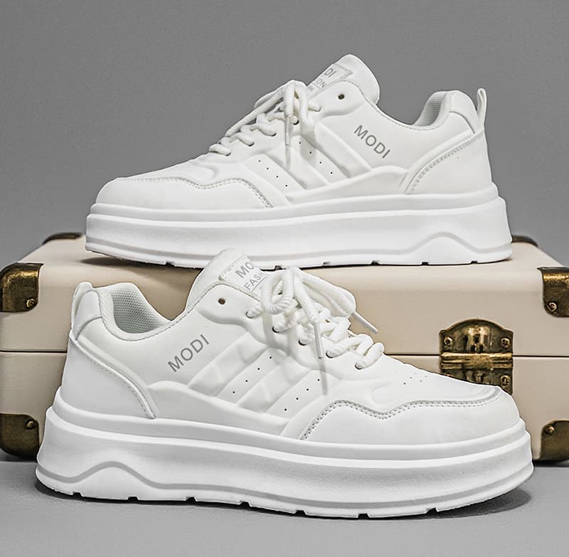 2026 New Men's Summer Premium Versatile White Leather Skate Shoes, Elevator Trendy White Sneakers