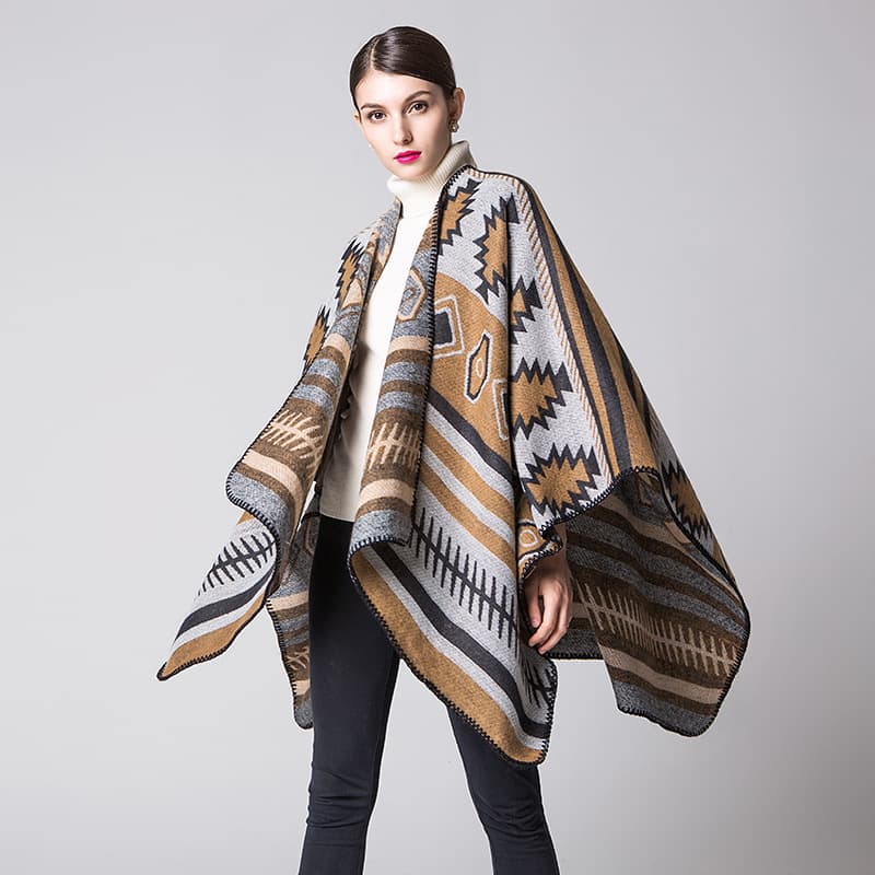 Women's Geometric Puzzle Minimalist Fashion Thick Extended Warm Poncho, Air-Conditioning Travel Shawl Blanket