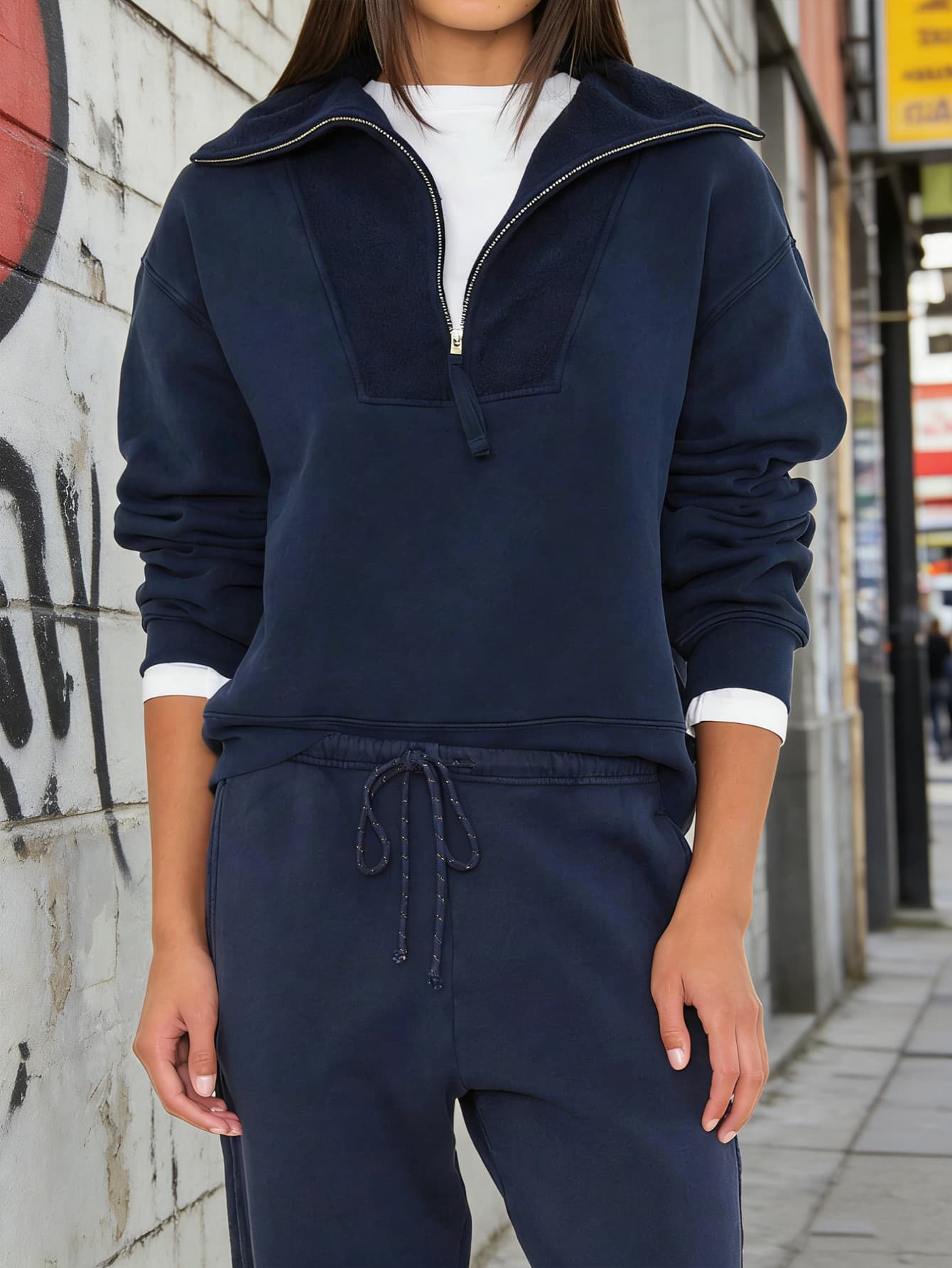 Women Woven Half Zip Sweatshirt And Drawstring Jogger Pants 2 Piece Outfit Set