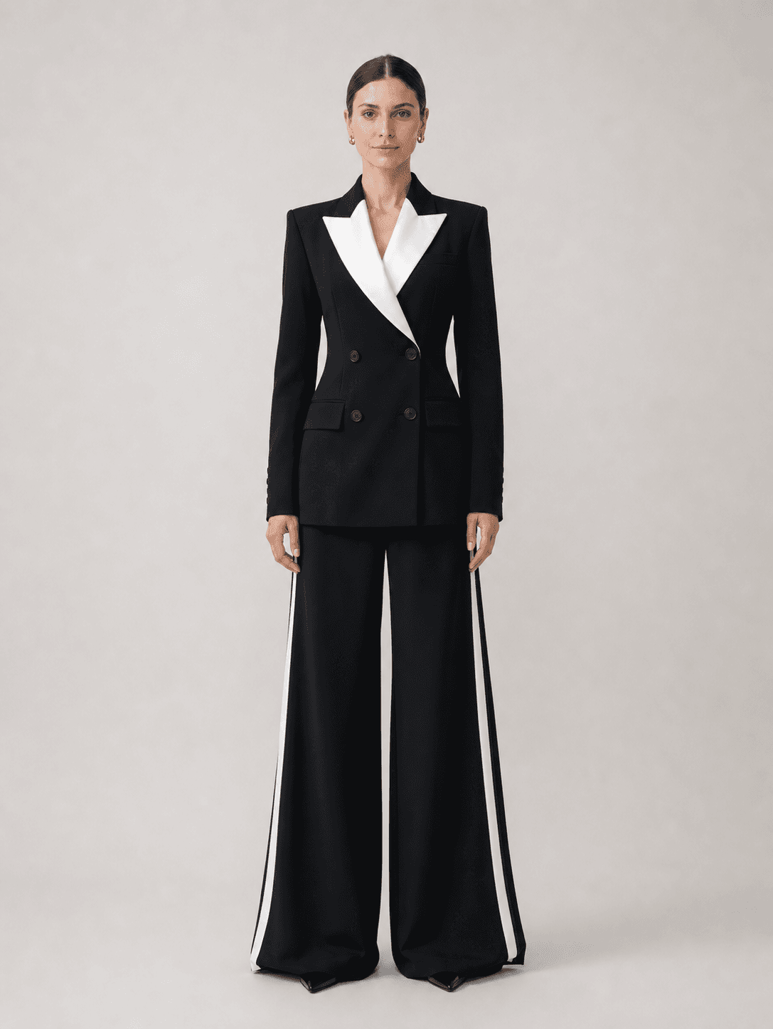 Black Double-Breasted Contrast Satin Lapel Suit Two-Piece Set