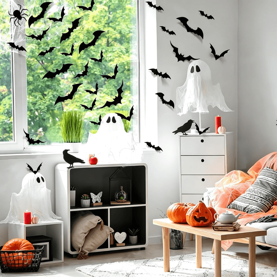 100Pcs Halloween Bat Wall Decor Stickers - 3D Black PVC Bat Decals For Spooky Indoor & Outdoor Party Decor