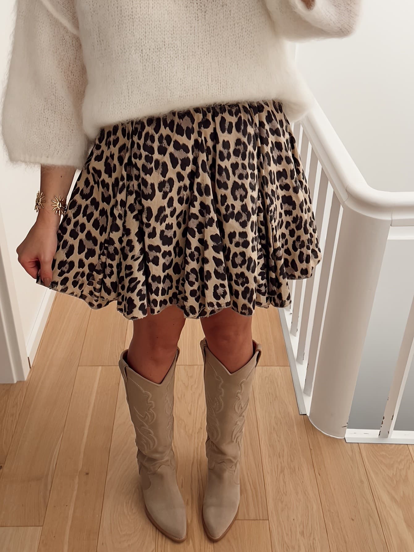 Women's Beige Leopard Print Pleated Mini Skirt High Waist Flared Casual Skirt