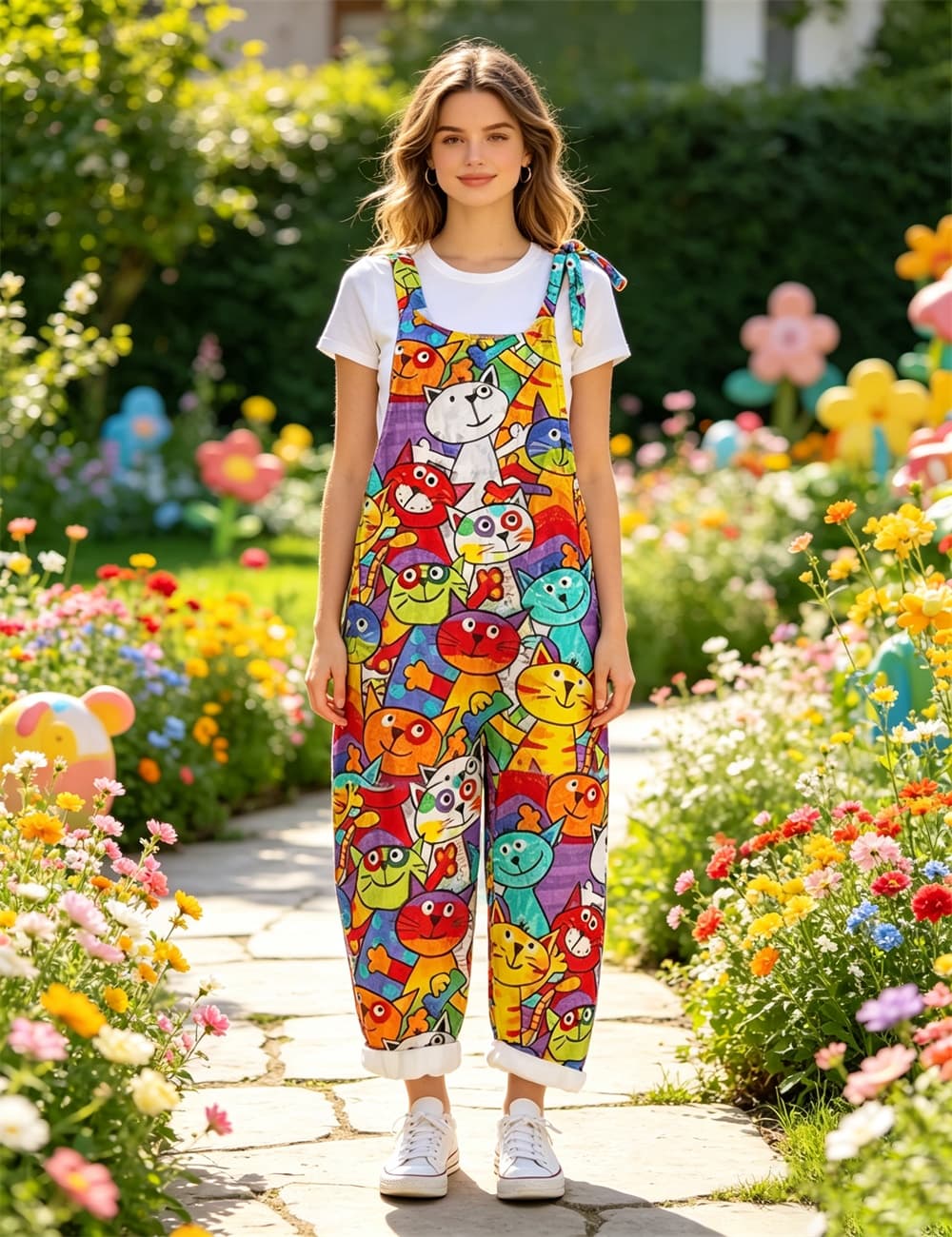 Women Colorful Graffiti Black Cat Print Tie Strap Overalls, Loose Wide Leg Rolled Cuff Casual Jumpsuit With Pockets