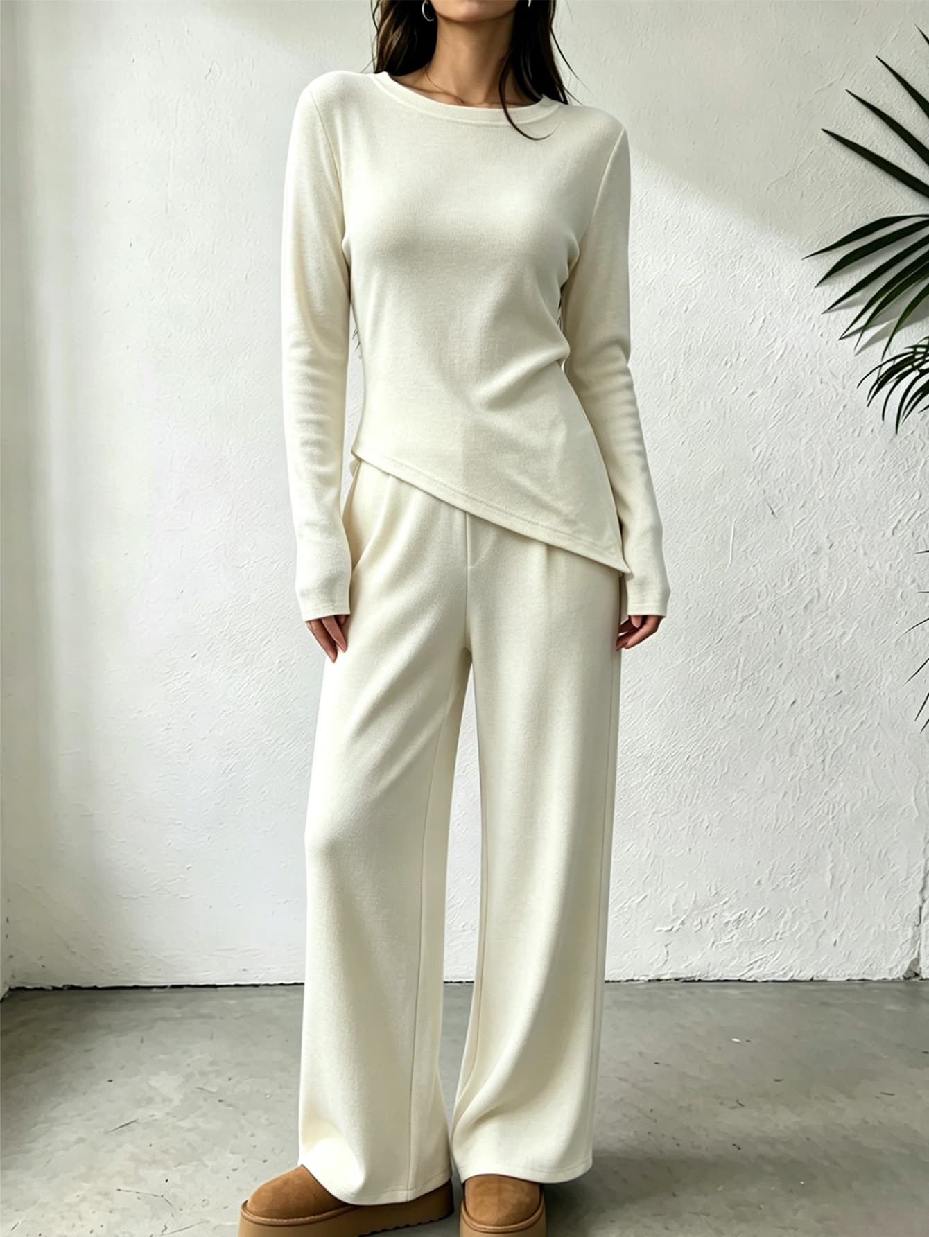 Women Knit 2 Piece Outfit Round Neck Irregular Long Sleeve Top Wide Leg Pants Set