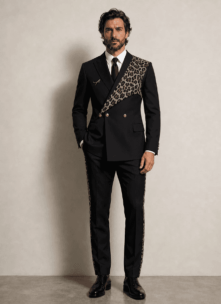 Double-Breasted 2-Piece Suit With Leopard Print Contrast Detail