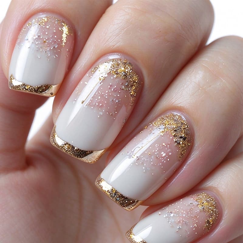 24Pcs Milky White Gold Foil False Nails, French Gold Edge Trapezoid Press On Nails With Broken Glitter, Reusable Resin Nail Art For Women