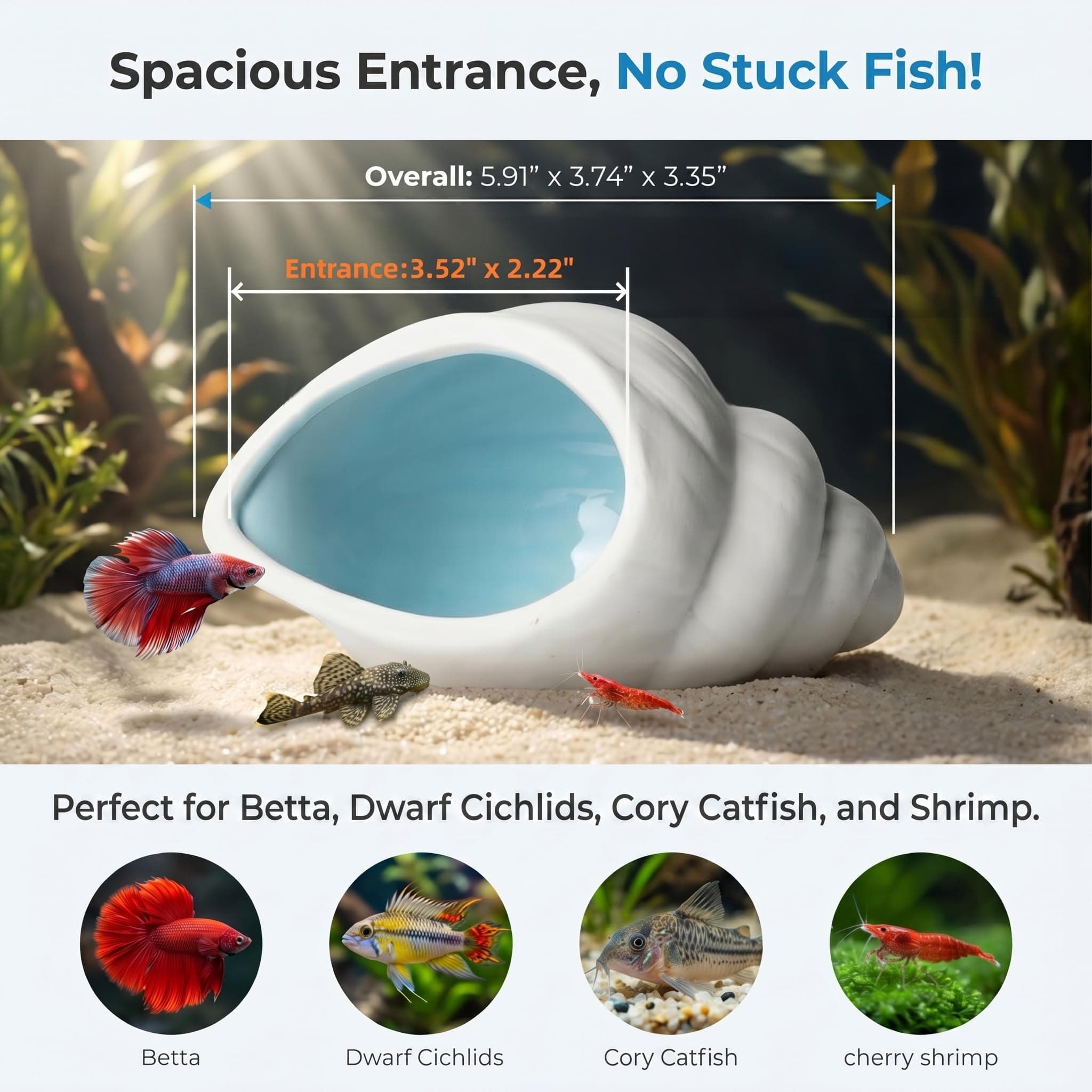 Ceramic Aquarium Cave For Betta Fish Tank Decor, White Conch Shell Hideout, Smooth Glaze Fish Tank Accessories & Decorations For Betta Fish, Shrimp, Pleco