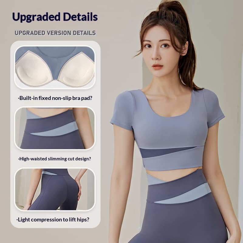 Women's Color Block Yoga Short Sleeve Top With Built-in Bra Pads, Tight Fit Athletic T-Shirt For Running & Workout