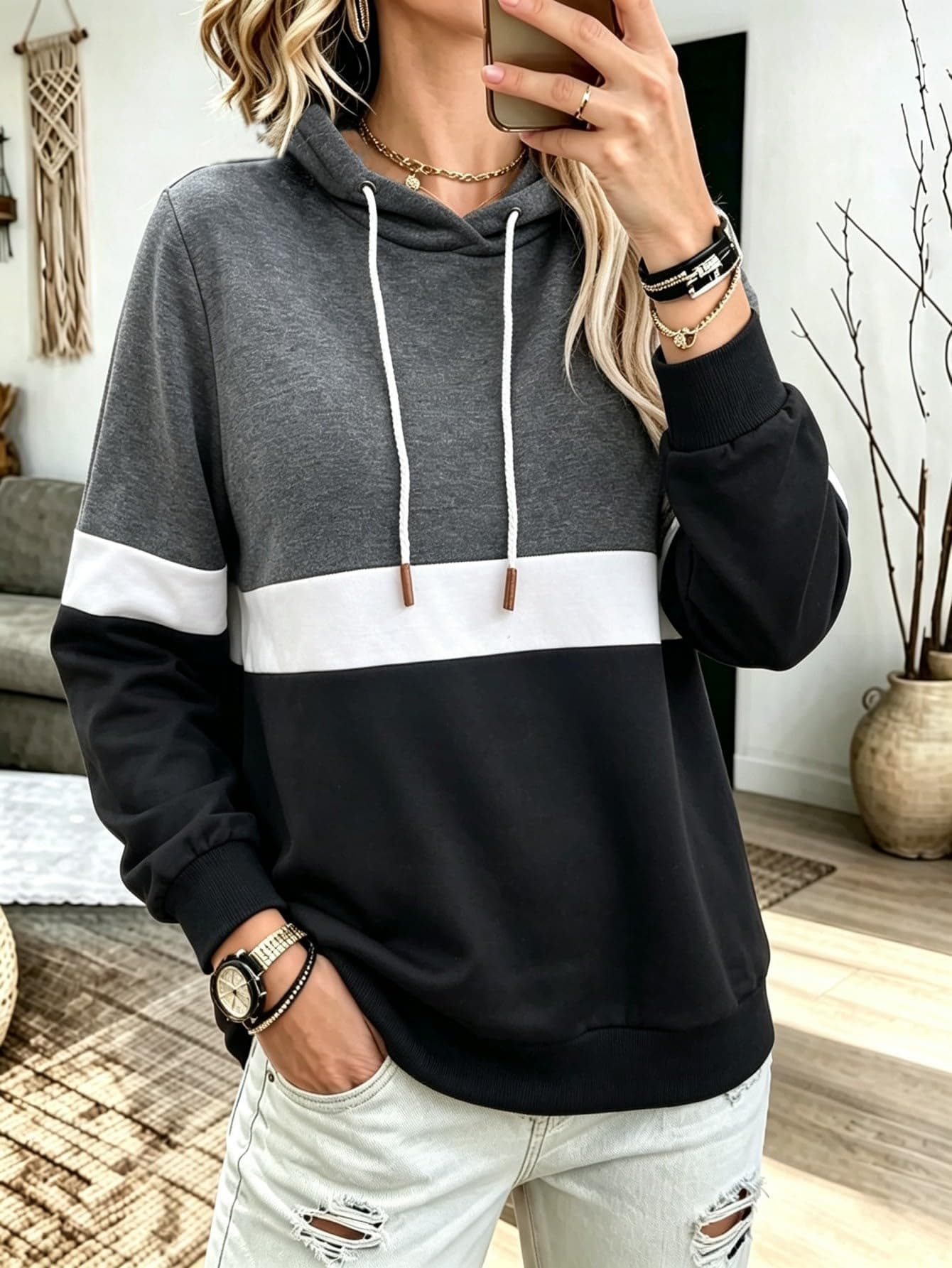 Women Knit Color Block Long Sleeve Pullover Top Plus Size
