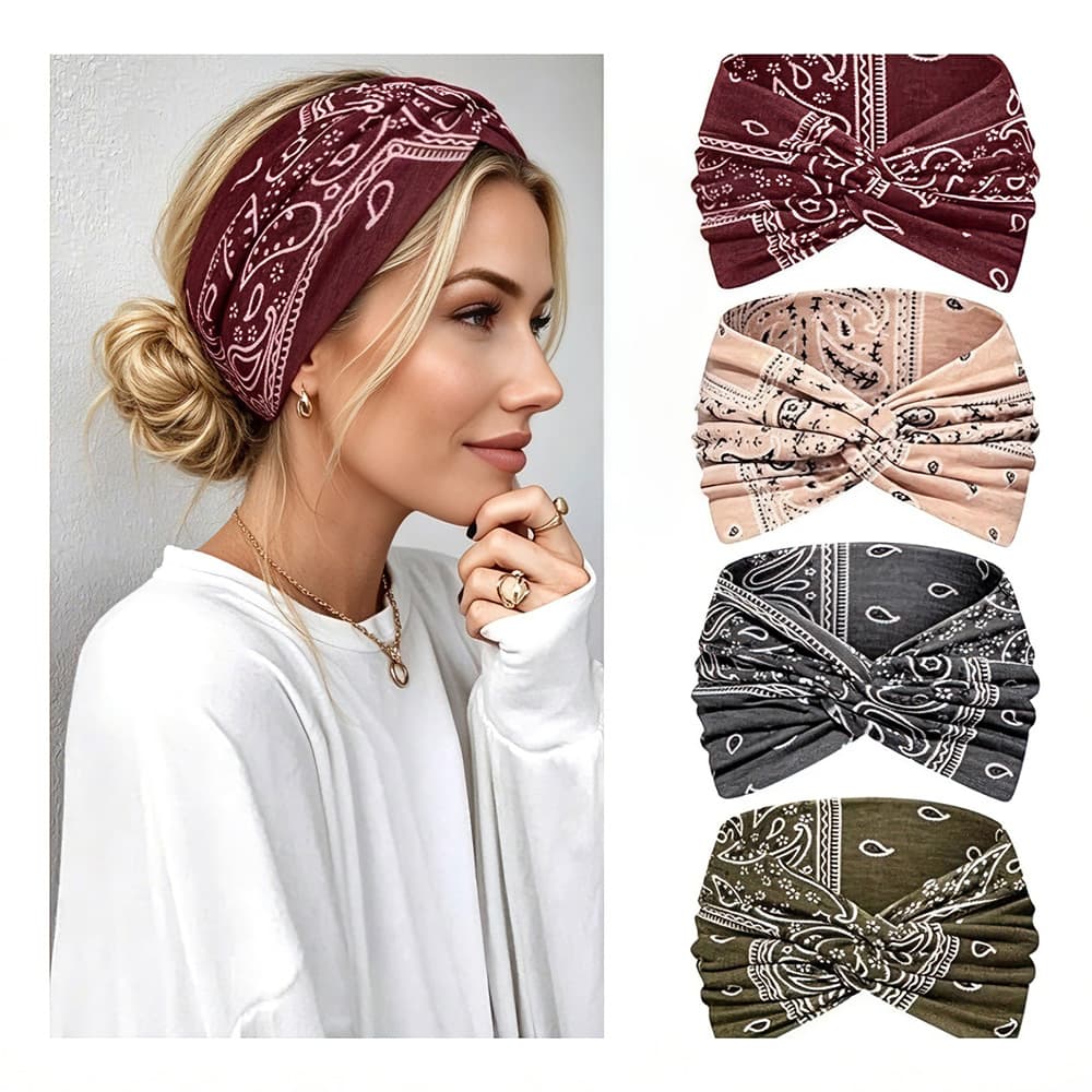 4 Pack Boho Paisley Wide Headbands For Women, Vintage Knotted Elastic Non Slip Sweat Head Wraps, Soft Stretchy Hair Bands For Yoga Sports Running Daily Hair Accessories