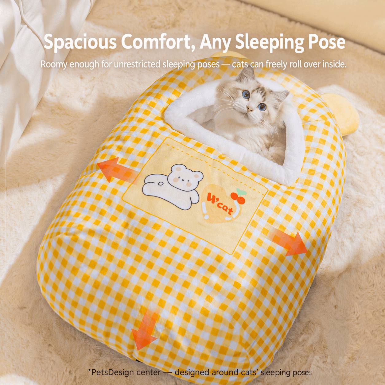 Semi-Enclosed Cat Bed Winter Cave, Warm Plush Cat Sleeping Bag With Faux Fur Rim, Cozy Burrow Bed For Indoor Cats And Small Dogs, Anti-Slip Washable Cover, Yellow Gingham