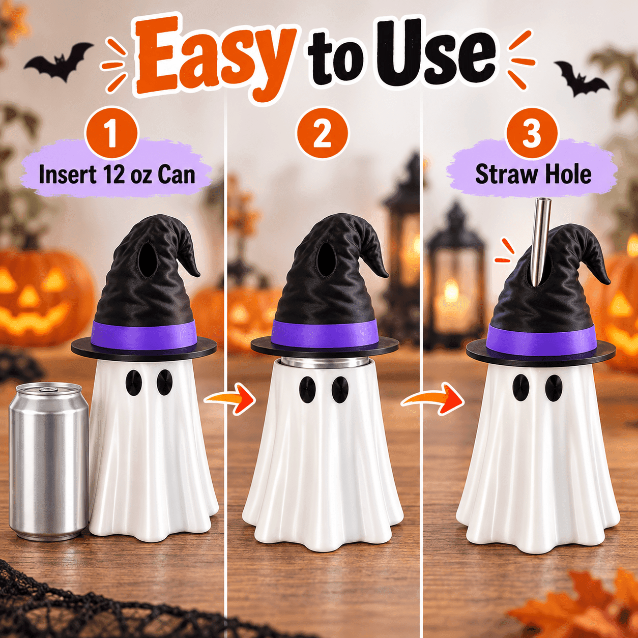 3D Printed Halloween Ghost Can Holder, Witch Hat Topper With Straw Hole, Fits 12 Oz Can, 3 Options Available